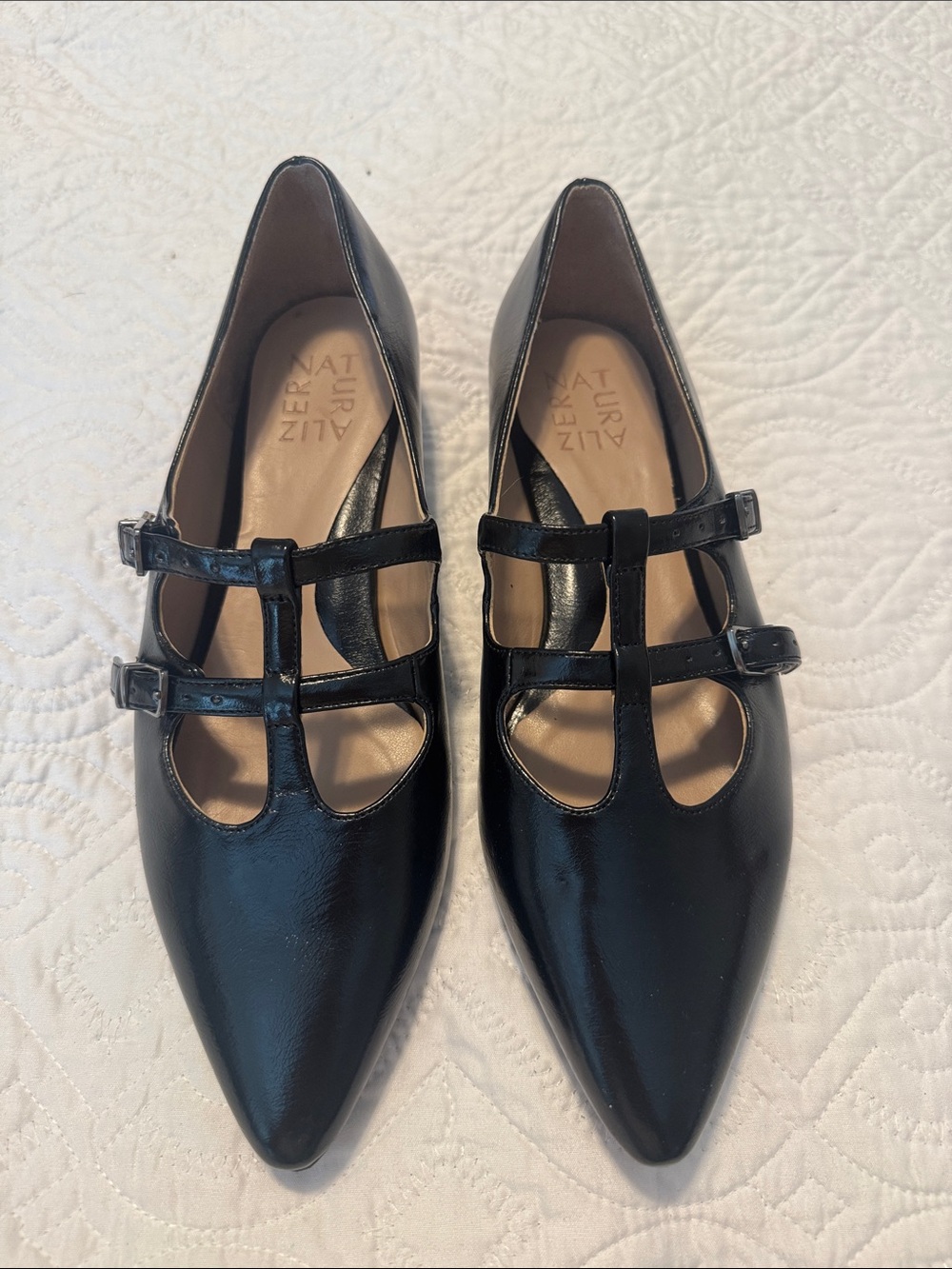 Naturalizer Black Pointed Double T-Strap Flats